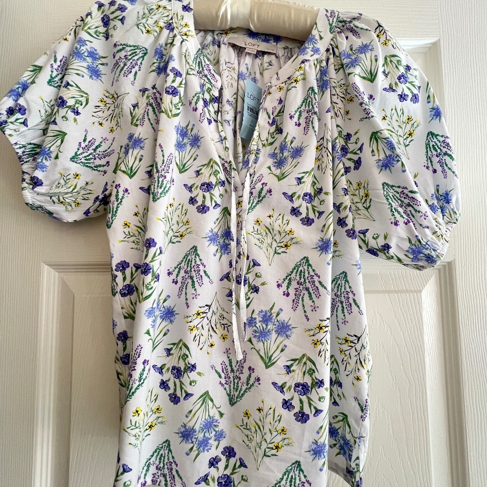 Loft Floral Tie Neck Puff Sleeve Blouse